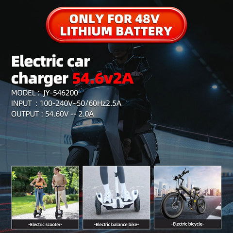 54.6V 2A Fast Electric Bike Charger For 48V Batteries With Electric Scooter, Balance Bike, Bicycle Visuals