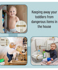 Children interacting with household items; demonstrating 6 Pack Child Safety Strap Locks In Golden Beige For Cabinets, Drawers, Appliances, Furniture And Fridge, Easy Install With Quick 3M Adhesive; images show straps on cabinets, dishwasher, and toilet.