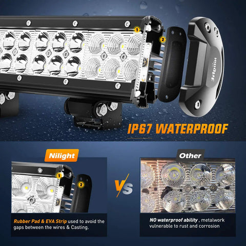 Close-up of 20 Inch LED Light Bar 126W Off Road Spotlight Flood Combo For 12V Rigs With 5 Pin Rocker Switch, showing waterproof feature