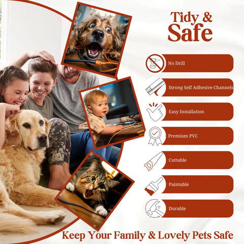 Family with pets and Paintable White Wall Cord Hide Kit for TV Cables features; no drill, adhesive, easy install.