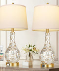 Gold Table Lamps Set Of 2 For Living Room With Shell Tile Inset, Coastal Nightstand Lamps With USB Ports, white shades and LED bulbs