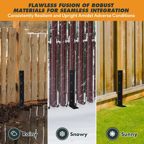 Heavy Duty Steel Fence Post Repair Kit Ground Stakes For Fast Fix Broken Wood Posts No Dig Drive In Yard Saver in rainy, snowy, and sunny conditions.
