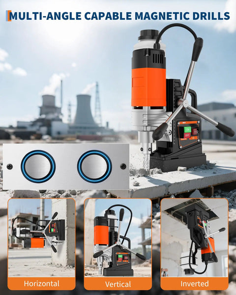 Heavy Duty Magnetic Drill Press 1650W Cordless Metal Machine With Magnet Case in horizontal, vertical, and inverted positions.