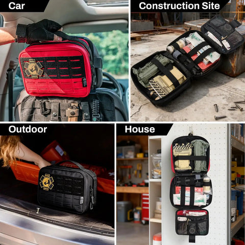 Vehicle IFAK Trauma Kit With CAT Tourniquet, black tactical first aid kit in MOLLE pouch, shown in various settings like car and construction site.