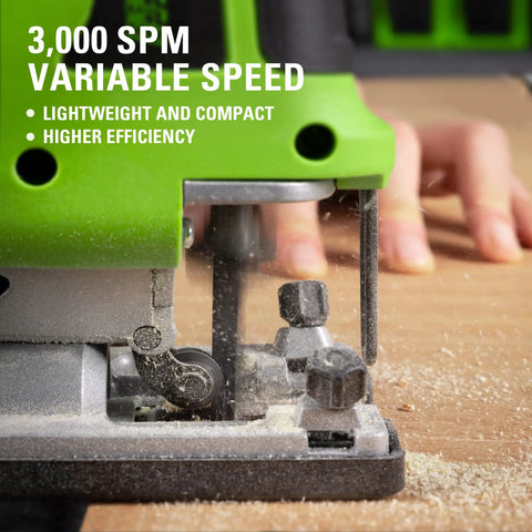 Close-up of 24V Brushless Jig Saw with Battery and Charger cutting wood, showcasing variable speed and efficiency.