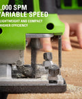 Close-up of 24V Brushless Cordless Jig Saw With 3000 SPM, cutting wood, showing variable speed and compact design