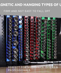 Magnetic Socket Organizer Set With Nine Detachable Trays For One Quarter Three Eighths And One Half Inch Sockets 120 Piece Toolbox Drawer Organizer Aluminum Alloy Garage Storage For Mechanics And DIY hanging on a pegboard