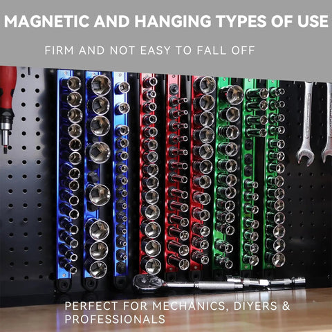 Magnetic Socket Organizer Set With Nine Detachable Trays For One Quarter Three Eighths And One Half Inch Sockets 120 Piece Toolbox Drawer Organizer Aluminum Alloy Garage Storage For Mechanics And DIY hanging on a pegboard