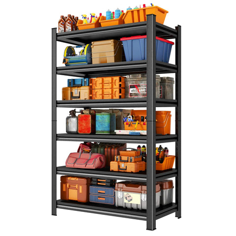 Super Heavy Duty Six Tier Metal Storage Shelves With Height Adjustment Rock Solid Double Layer Upright Design with organized tools and equipment.