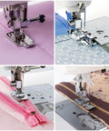 Front view of sewing machine presser foot on pink fabric from a 42-piece set.
Close-up of sewing machine presser foot sewing blue fabric on a grid plate.
Installed view of presser foot stitching pink zipper into a pink bag.
Installed view of presser foot sewing a brown zipper onto floral fabric.