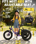 Kid Friendly 3 Wheel Electric Trike With Fat 16x3.0 Tires Folding Frame 378Wh Battery 500W Peak Motor Step Thru Design Safe 12.5 MPH For Beginners Ages 6 Plus Purple, adjustable seat size chart