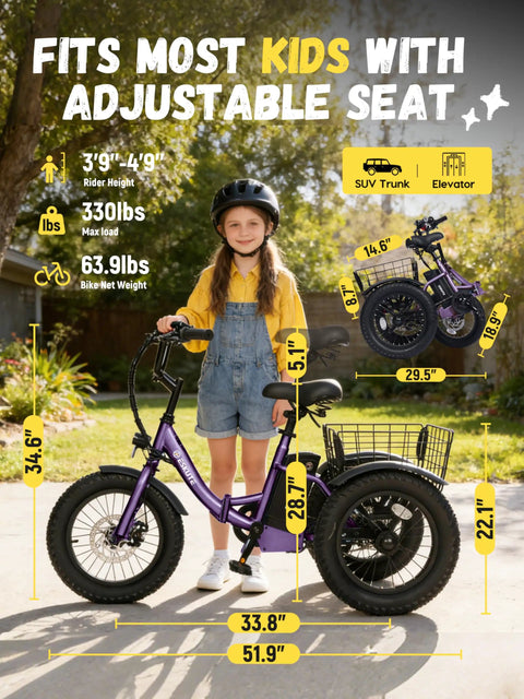 Kid Friendly 3 Wheel Electric Trike With Fat 16x3.0 Tires Folding Frame 378Wh Battery 500W Peak Motor Step Thru Design Safe 12.5 MPH For Beginners Ages 6 Plus Purple, adjustable seat size chart
