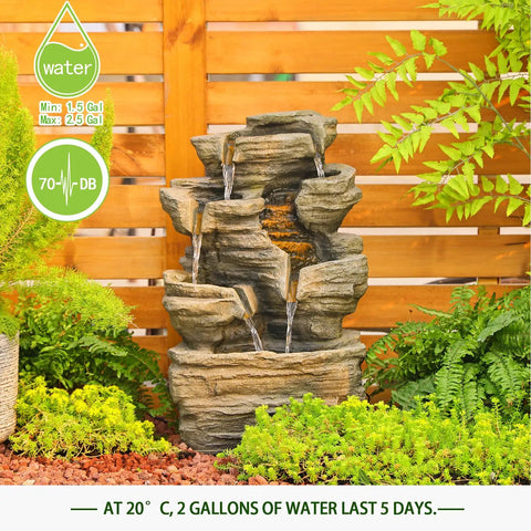 Six Tier Cascading Rock Outdoor Water Fountain With Lights For Garden Patio Backyard Deck And Porch No Fuss Setup With Pump