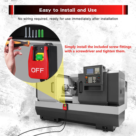 110 To 120 Volt Single Phase On Off Emergency Stop Switch With Large Stop Paddle next to CNC machine for quick power cut off