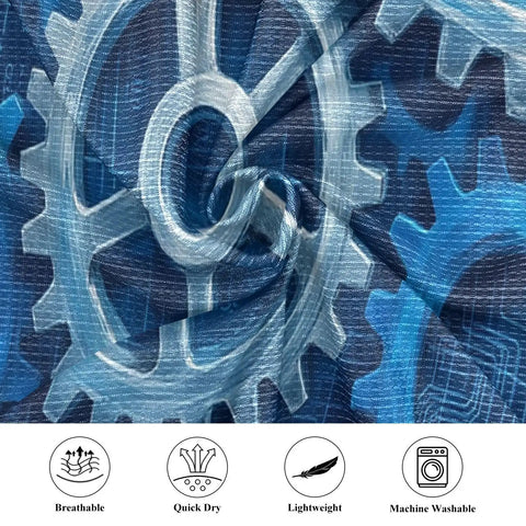 Close-up of Men's Mechanical Gears Blue Muscle Tank Top Breathable Mesh Workout Shirt With Zipper Pocket fabric pattern.