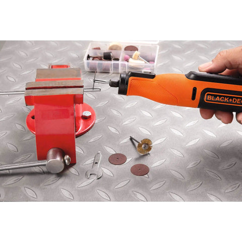 Cordless Rotary Tool 7.2 Volt Lightweight Drill Sand Polish Carve Engrave Sharpener in use on a workbench with bits.