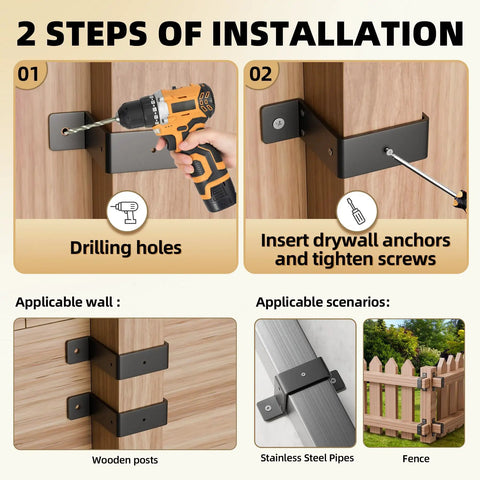 Step-by-step installation guide for Beefy 4x4 Fence Post Brackets Set For Decks And Gazebos, showing drilling and securing steps.