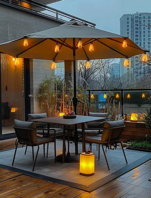 Outdoor String Lights 100Ft Remote Dimmable, Waterproof Connectable Edison Style ST38 Bulbs on a patio covering with warm glow
