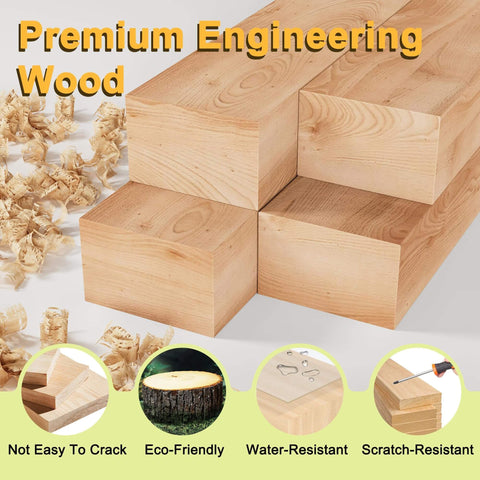 Stack of premium engineered wood blocks, eco-friendly, water and scratch-resistant, shown with wood shavings and icons below.