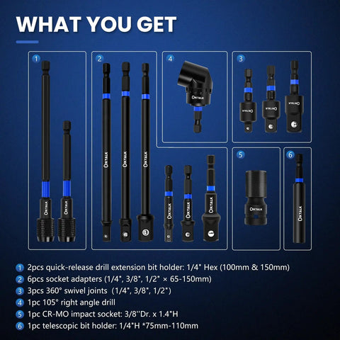 Beefy 14 Piece 1/4 Inch Impact Socket Adapter Kit With Universal Joints And Angle Drill Attachment Includes 8 Extension Bars From 65mm To 150mm Retractable Magnetic Bit Holder Heavy Duty Versatile Driver Accessory Set, 14-piece set