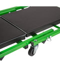 Close-up of the C2036DG Convertible Mechanic Creeper Converts To Seat With 300 Lb Capacity, green frame and black vinyl padded seat.