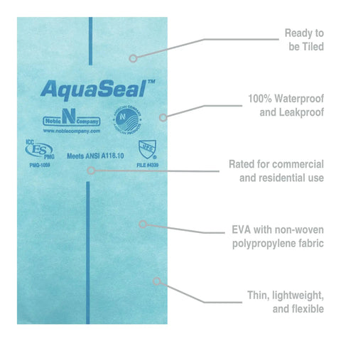 Top Tier Blue Waterproofing Membrane Roll for Shower and Wall Prep, featuring AquaSeal branding and waterproof features.