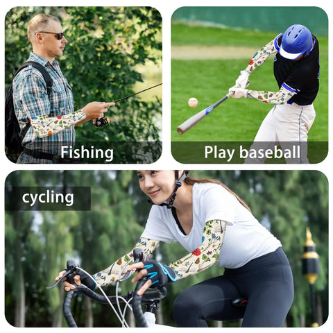 Dragonfly Floral Gardening Sleeves With Sun Protection For Women And Men on people fishing, playing baseball, and cycling.
