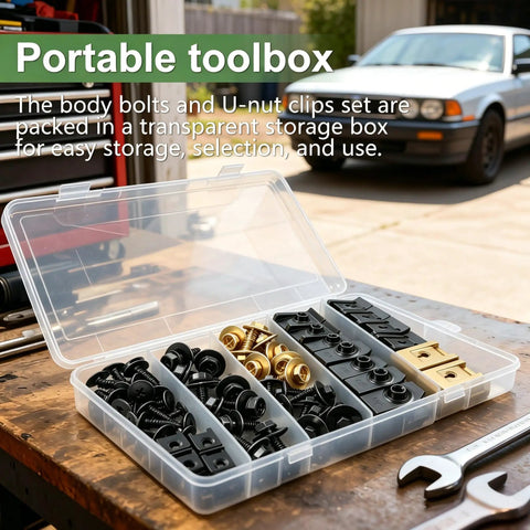 60 Piece Universal Heavy Duty U Nut Clips And Body Bolt Screw Fastener Assortment Kit in clear storage box on a workbench.
