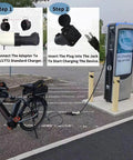 Step-by-step guide showing Road Trip Ready J1772 To Nema 5-15 EV Charging Adapter Plug connecting an electric bike to a charger.