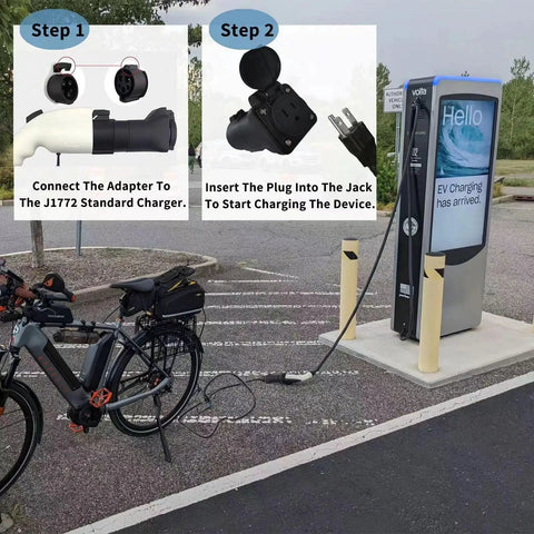 Step-by-step guide showing Road Trip Ready J1772 To Nema 5-15 EV Charging Adapter Plug connecting an electric bike to a charger.