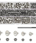 600 Sets Czech White Clear Crystal Rhinestone Rapid Rivets in storage box with hole punch tool, silver metal studs