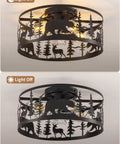 Straight Up Farmhouse Ceiling Fan With Integrated Lights And Remote Control Rustic Black Caged Fandelier showcasing bear and deer design.