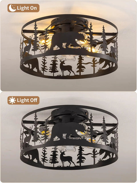 Straight Up Farmhouse Ceiling Fan With Integrated Lights And Remote Control Rustic Black Caged Fandelier showcasing bear and deer design.