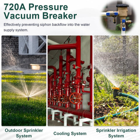 1-inch brass 720A pressure vacuum breaker backflow preventer; collage shows outdoor sprinkler, irrigation, and red piping.