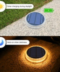 Solar Deck Lights Outdoor Waterproof LED 4 Pack Warm White Dock Lights With Big Solar Panel charging in daylight and glowing at night