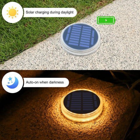 Solar Deck Lights Outdoor Waterproof LED 4 Pack Warm White Dock Lights With Big Solar Panel charging in daylight and glowing at night