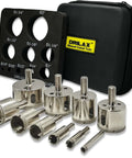 Drilax 10-piece diamond hole saw set with guide and case; metal core bits for glass, tile, ceramic and stone.