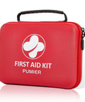 Red compact hard-shell first aid kit case with black carrying handle, front view