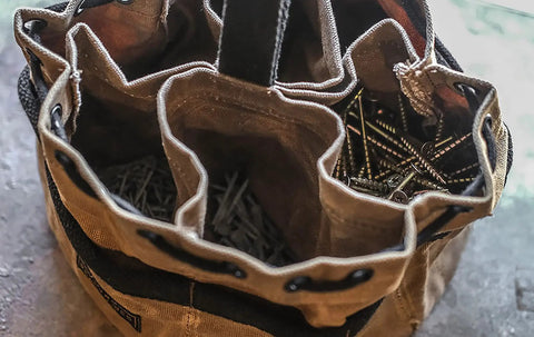 Open top view of Parachute Nail Pouch And Hardware Organizer Bag For Nails, Screws, And Supplies, with visible compartments.