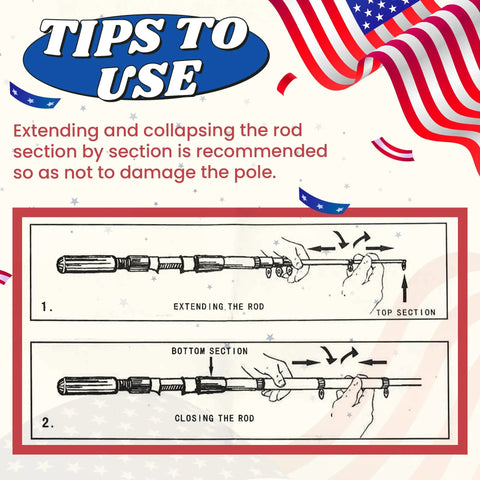 Instructional diagram for Kids Telescopic Fishing Pole Set With Spincast Reel, showing extending and collapsing the rod.