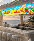 Hello Summer Banner 118 By 20 Inches Outdoor Beach Theme Party Decor With Flamingo And Tropical Fruit Design for poolside bar