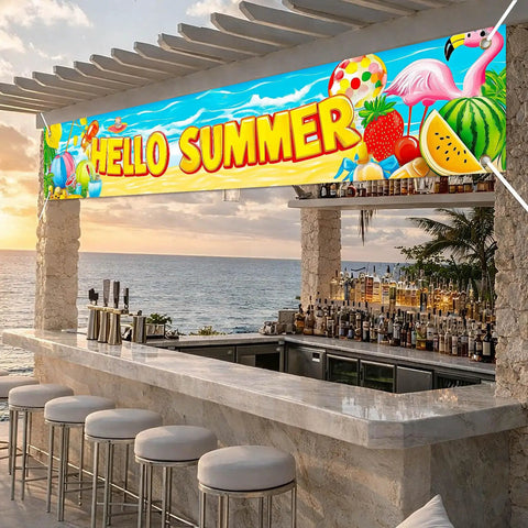 Hello Summer Banner 118 By 20 Inches Outdoor Beach Theme Party Decor With Flamingo And Tropical Fruit Design for poolside bar