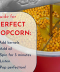 Hella Fluffy Stovetop Popcorn Maker Six Quart Aluminum Pot With Stirring Metal Gears in use with kernels and oil.