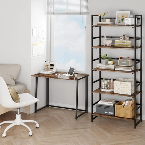 Vintage 5 Tier Folding Bookshelf With Heavy Duty Plant Stand And Zero Hassle Setup Multi Purpose Storage Rack in a modern office.