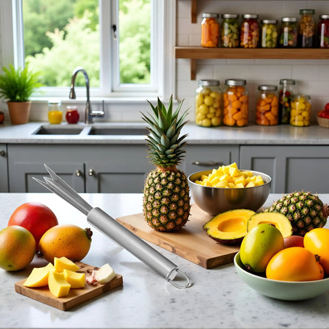 Stainless Steel Pineapple Eye Remover Tool With V Shaped Cutter And Ergonomic Handle For Home Kitchen Prep on counter with fruit