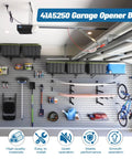 237 Inch Whisper Drive Belt For 7ft Garage Doors Replacement in organized garage setting with storage and tools