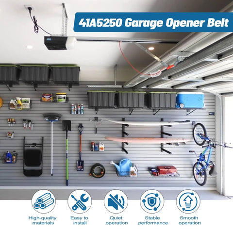 237 Inch Whisper Drive Belt For 7ft Garage Doors Replacement in organized garage setting with storage and tools