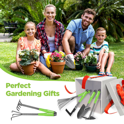 Family with plants and Six Piece Garden Tool Set With Heavy Duty Hand Tools And Soft Rubber Handles Including Trowel Rake Cultivator Hoe Crack Weeder And Weeding Tool The Go To Gift For Gardeners And DIY Enthusiasts Who Love Lawn Care