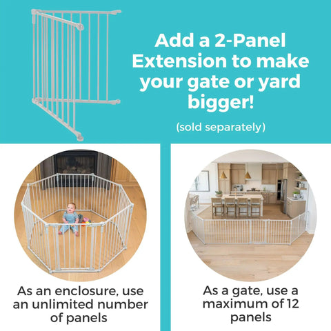 Two Panel Extension For A 3 In 1 Metal Superyard Adds Up To 48 Inches Of Extra Wide Safe Space For A Baby Gate Or Play Yard Taupe Finish Ideal For Wide Rooms And Busy Homes Easy To Install And Durable Steel Construction shown as enclosure and gate