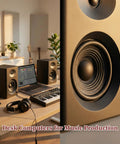 80W Peak Bluetooth 5.3 Bookshelf Speakers With 4 Inch Woofer and 1 Inch Silk Dome Tweeter on desk with music setup